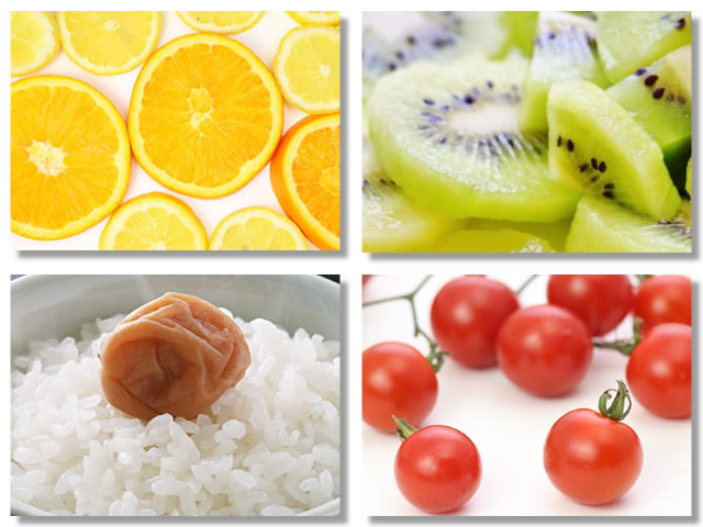 むくみの解消に効果的なクエン酸の多いかんきつ系の果物、キウイ、梅干し、トマト
