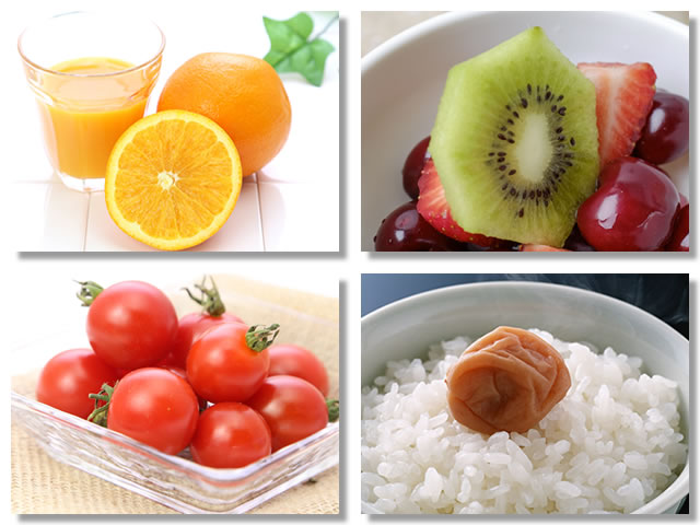 クエン酸の多い食べ物である柑橘系の果物、キウイ、トマト、梅干し