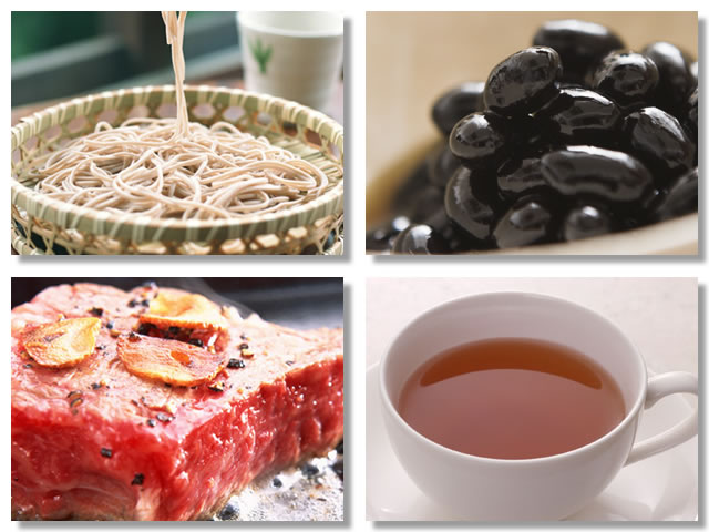 温める色の食べ物はそば、黒豆、赤身のお肉、紅茶
