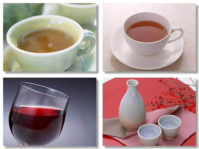 温める飲み物である生姜湯、紅茶、赤ワイン、日本酒